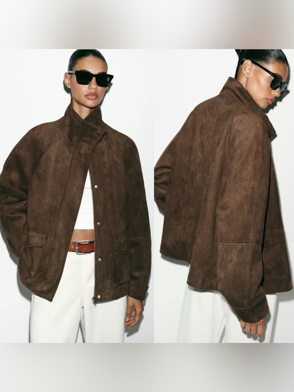 Zara Dark Chocolate Brown Faux Suede Pocket Jacket Relaxed Jacket size Large NWT